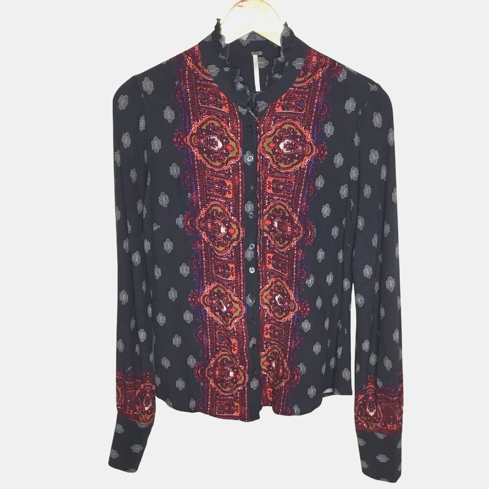 FREE PEOPLE Wishing Well Border Boho Button Blouse Midnight Rust S/P Festival